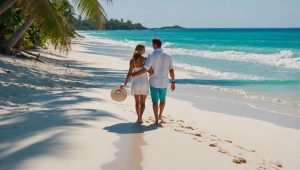 couple enjoying thier beach walking safari