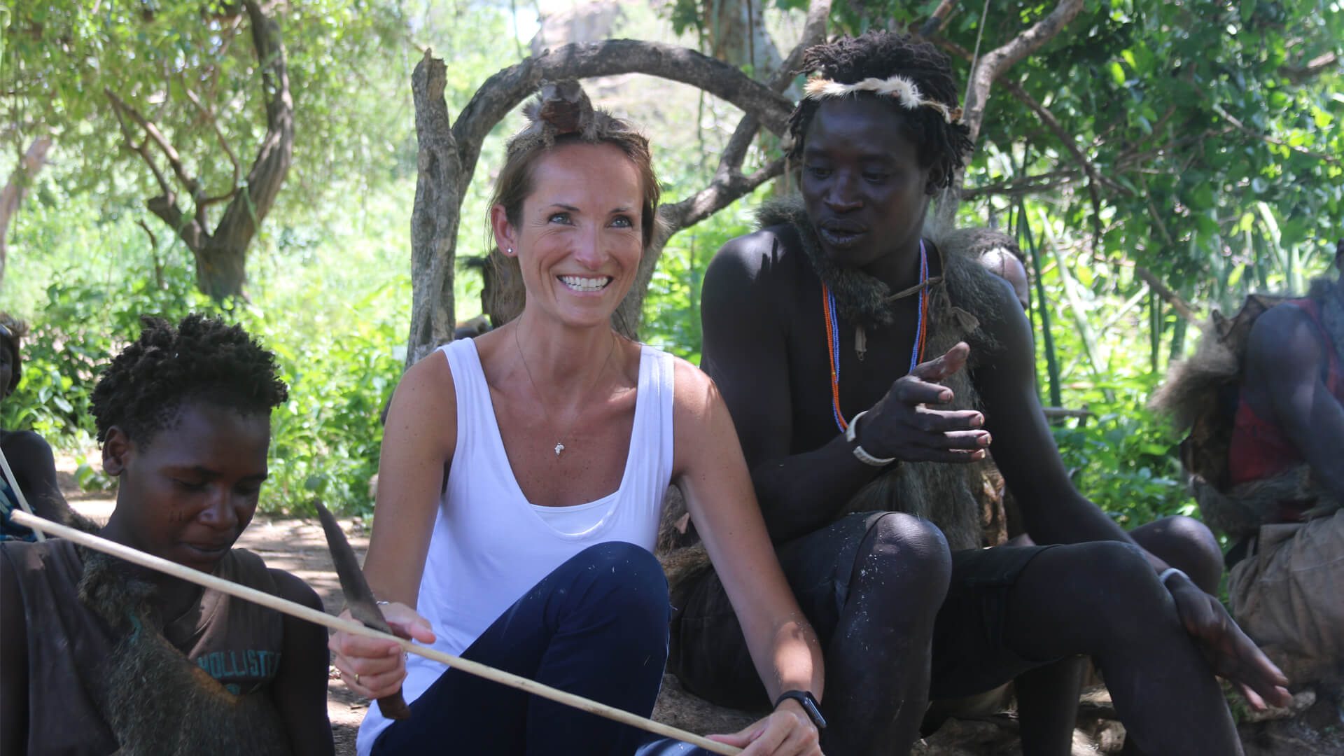 claire trickett with hadzabe tribe members